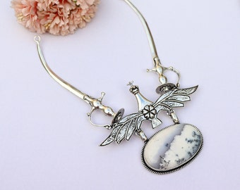 Stunning Dendritic Agate Necklace/ Chunky Agate Gemstone Pendant Attached/ Peacock and Sword Necklace/ Silver Plated Handmade Agate Necklace