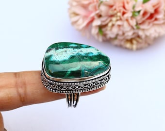 Vintage Malachite Ring/ 9 US Size Ring/ Big Malachite Ring/ Silver Plated Handmade Ring/ Original Malachite Ring/ Large Malachite Ring