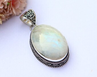 Gorgeous Rainbow Moonstone Pendant/ Vintage Moonstone Pendant/ Moonstone Necklace/ Silver Plated Pendant/ Chunky Moonstone Pendant/Moonstone