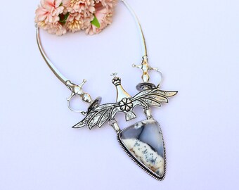 Stunning Dendritic Agate Necklace/ Chunky Agate Gemstone Pendant Attached/ Peacock and Sword Necklace/ Silver Plated Handmade Agate Necklace