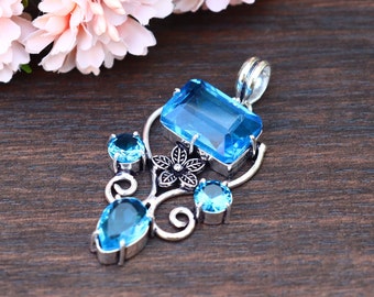Natural Blue Hydro Glass Pendant | Original Blue Hydro Glass gemstone | Silver Plated Handmade Pendant | Multi-Gemstone Pendant!