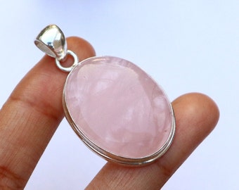 Natural Rose Quartz Pendant/ Rose Quartz Necklace/ Handmade Silver Plated Pendant/ Big Rose Quartz Pendant/ Pink Rose Quartz Jewelry/ gift