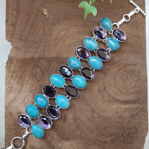 Natural Amethyst Gemstone and Turquoise Gemstone Bracelet, Handmade Silver Plated Bracelet image 2