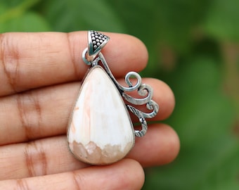 White Scolecite Gemstone Pendant | Natural Gemstone Pendant | Handmade Silver Plated Pendant | Scolecite Pendant | Designer Jewelry!