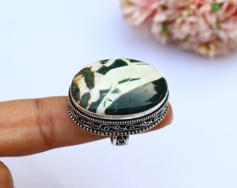 Green Zebra Jasper Ring/ 7 US Size Ring/ Big Zebra Jasper Ring/ Silver Plated Handmade Ring/ Vintage Jasper Ring/ Vintage Zebra Jasper Ring