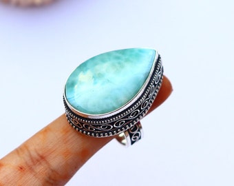 Stunning Larimar Ring/ 7 US Size Ring/ Larimar Vintage Ring/ Silver Plated Handmade Ring/ Large Larimar Ring/ Big Larimar Ring/ Big Ring