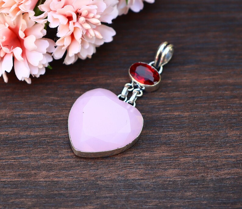 Natural Heart Shape Rose Quartz, Red Hydro Glass Pendant, Original Rose Quartz Silver Plated Handmade Pendant Multi-Gemstone Pendant image 2