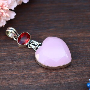 Natural Heart Shape Rose Quartz, Red Hydro Glass Pendant, Original Rose Quartz Silver Plated Handmade Pendant Multi-Gemstone Pendant image 3