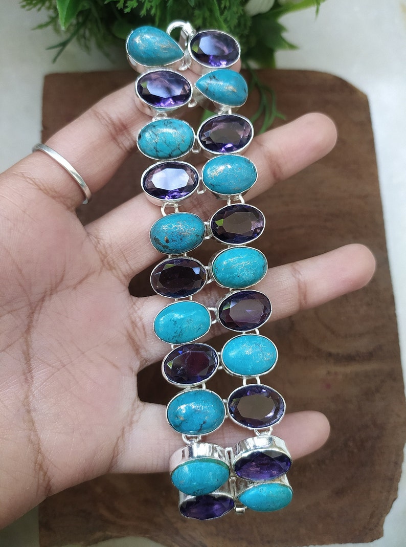 Natural Amethyst Gemstone and Turquoise Gemstone Bracelet, Handmade Silver Plated Bracelet image 4