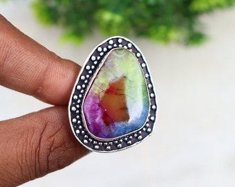 Beautiful Rainbow Druzy Quartz Ring | Adjustable Ring | 7 US Size Statement Ring | Big Chunky Druzy Ring | Silver Plated Handmade Ring!