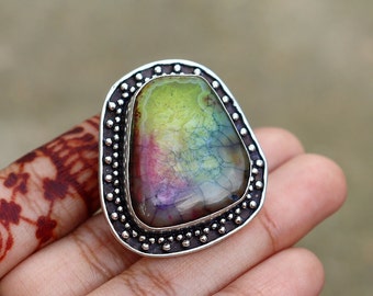 Beautiful Rainbow Solar Druzy Ring |  7 US Size Ring | Original Druzy Ring | Big Chunky Druzy Ring | Silver Plated Handmade Ring!