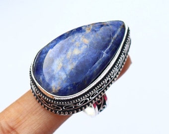 Vintage Sodalite Ring/ Silver Plated Ring/ 7 US Size Statement Ring/ Large Sodalite Ring/ Sodalite Statement Ring/ Chunky Sodalite Ring