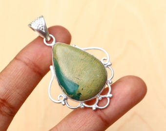 Gorgeous Variscite Gemstone Pendant/ Variscite Necklace/ Silver Plated Pendant/ Chunky Variscite Pendant/ Statement Variscite Necklace