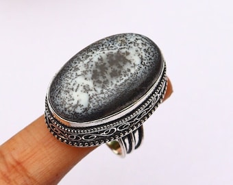 Beautiful Dendritic Agate Ring/ 9US Size Ring/ Big Dendritic Agate Ring/ Silver Plated Vintage Ring/ Original Agate Ring/ Vintage Agate Ring