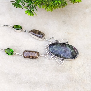 Beautiful Seraphinite Rubellite, Bronzite and Green Hydro Glass  Necklace | Silver Plated Handmade Necklace | Bohemian Statement Necklace!