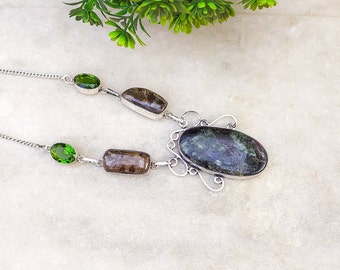 Beautiful Seraphinite Rubellite, Bronzite and Green Hydro Glass  Necklace | Silver Plated Handmade Necklace | Bohemian Statement Necklace!