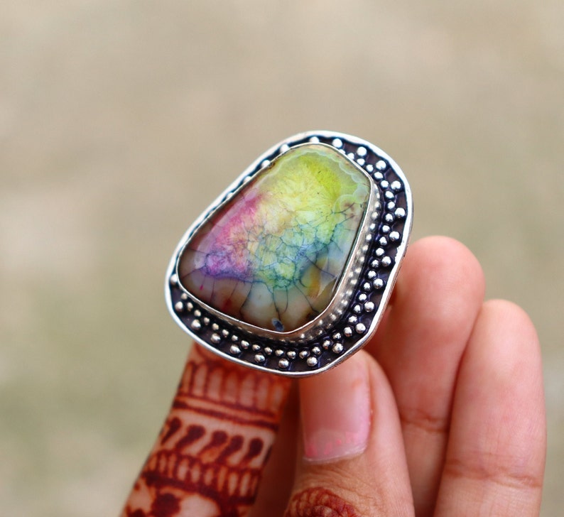 Beautiful Rainbow Solar Druzy Ring 7 US Size Ring Original Druzy Ring Big Chunky Druzy Ring Silver Plated Handmade Ring image 4