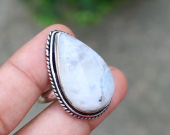 Moonstone Gemstone Ring/ 7 US Ring/ Adjustable Ring/ Large Moonstone Ring/ Silver Plated Ring/ Blue Fire Moonstone Ring/ Big Moonstone Ring