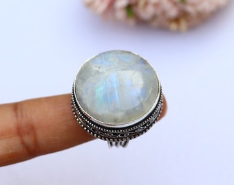 Stunning Moonstone Ring/ 9 US Size Ring/ Moonstone Vintage Ring/ Silver Plated Handmade Ring/ Large Moonstone Ring/ Big Moonstone Ring