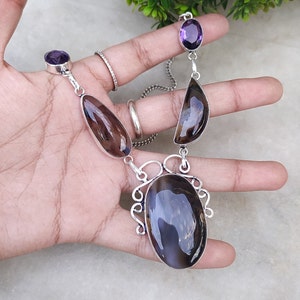 Stunning Montena Agate and Amethyst Gemstone Necklace Silver Plated Handmade Necklace Bohemian Statement Necklace image 3
