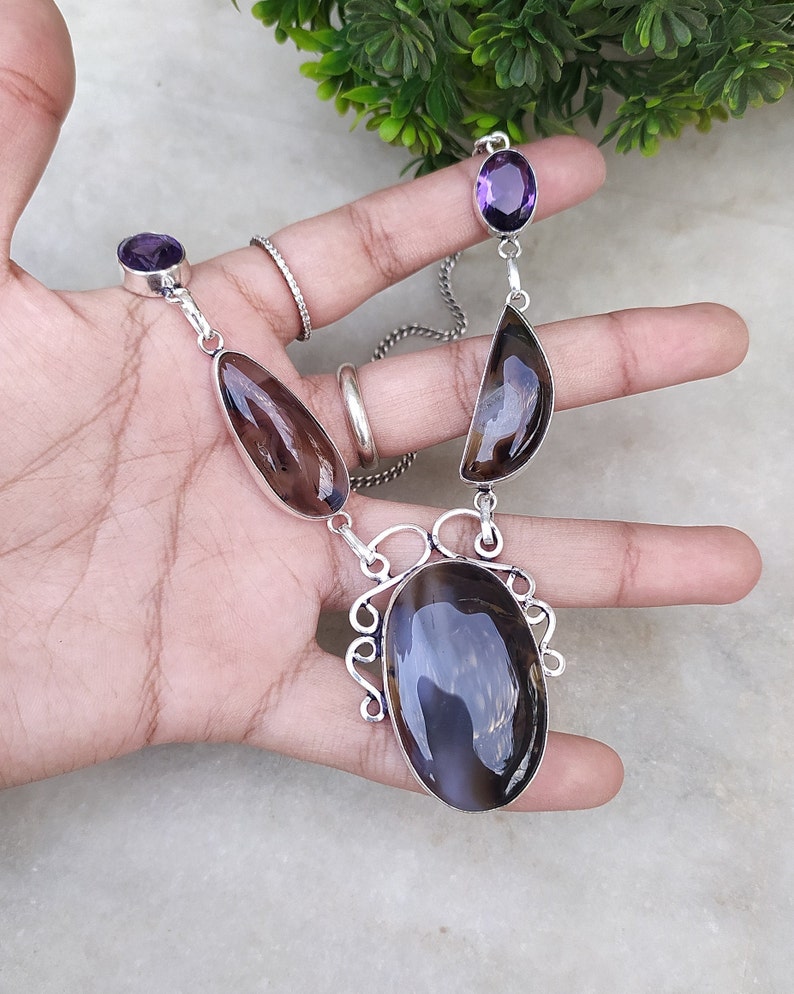 Stunning Montena Agate and Amethyst Gemstone Necklace Silver Plated Handmade Necklace Bohemian Statement Necklace image 3