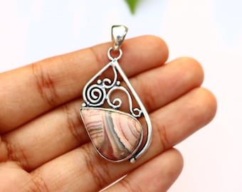 Rhodochrosite Pendant/ Rhodochrosite Necklace/ Gemstone Pendant/ Silver Plated Pendant/ Rhodochrosite Statement Pendant/ Rhodochrosite