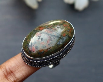 Beautiful Unakite Ring/ 7 US Size Ring/ Vintage Unakite Ring/ Silver Plated Vintage Ring/ Chunky Unakite Ring/ Unakite Ring/ Statement Ring