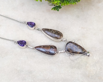 Stunning Bronzite and Amethyst Gemstone Necklace | Silver Plated Handmade Necklace | Bohemian Statement Necklace!