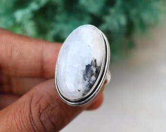 Moonstone Gemstone Ring | 8 US Size Statement Ring | Adjustable Ring | Silver Plated Handmade Ring | Blue Flash Moonstone Gemstone!