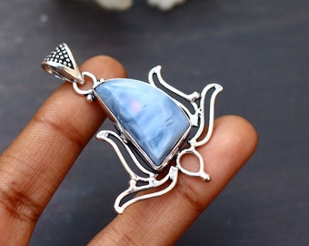 Blue Agate Pendant/ Agate Necklace/ Silver Plated Pendant/ Large Blue Agate Pendant/ Agate Jewelry/ Agate Statement Pendant/Handmade Pendant