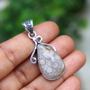 Natural Fossil Coral Pendant/ Natural Gemstone Pendant/ Handmade Silver Plated Pendant/ Fossil Coral Pendant/ Designer Jewelry/Boho Pendant!
