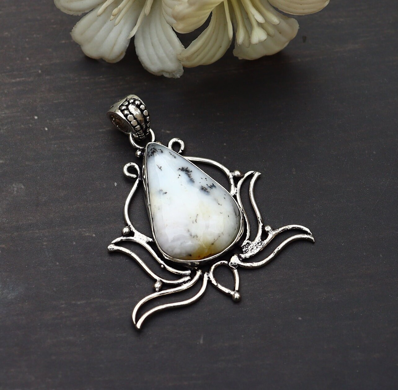 Grand Pendentif Artisan En Argent 925 Avec Agate Dendrite Et Nacre Abalone - 45x42mm, Occasion