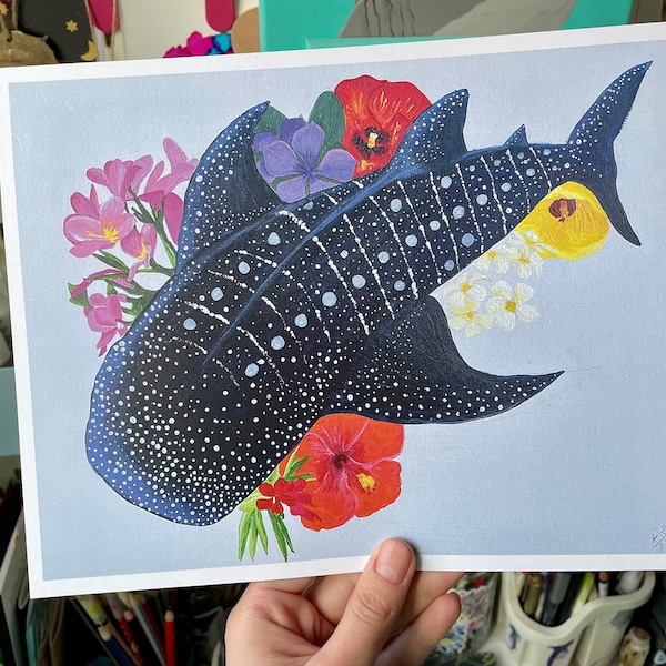 Whale Shark with Flowers of the Maldives Art Print. High quality print for shark ocean lovers from original painting