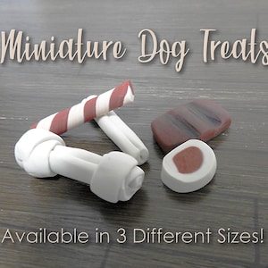 May include: Miniature dog treats in the shape of bones, a steak, and a candy cane. Available in 3 different sizes!