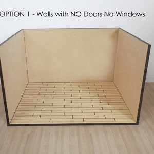 K&ouml;nnte beinhalten: Ein Miniaturzimmer mit braunen W&auml;nden und einem Holzboden. Der Raum hat keine T&uuml;ren oder Fenster. Der Text "OPTION 1 - Walls with NO Doors No Windows" befindet sich oben im Bild.