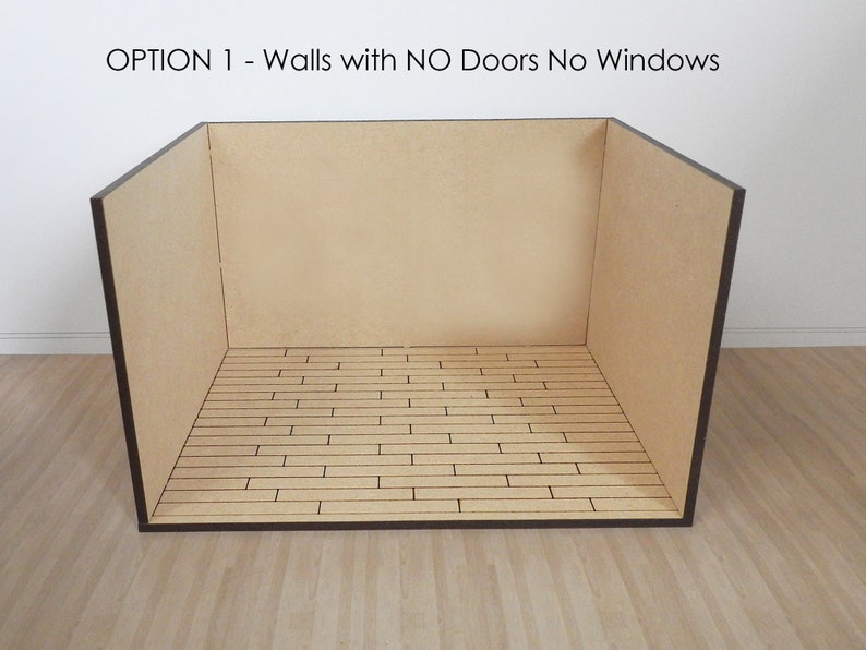 K&ouml;nnte beinhalten: Ein Miniaturzimmer mit braunen W&auml;nden und einem Holzboden. Der Raum hat keine T&uuml;ren oder Fenster. Der Text "OPTION 1 - Walls with NO Doors No Windows" befindet sich oben im Bild.