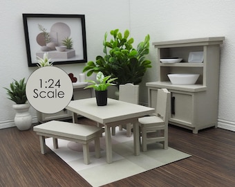 1:24 Scale Modern Gray Miniature Dining Table Set with Bench and Chairs - Dollhouse Kitchen Furniture