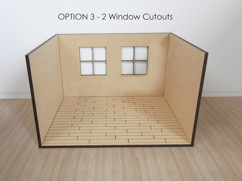 K&ouml;nnte beinhalten: Ein Miniaturzimmer mit zwei Fenstern und einem Holzboden. Das Zimmer ist aus Pappe und braun gestrichen. Die Fenster sind aus der Pappe ausgeschnitten und schwarz gerahmt. Der Boden besteht aus Holzdielen und ist hellbraun gestrichen. Der Text "OPTION 3 - 2 Window Cutouts" ist oben im Bild gedruckt.