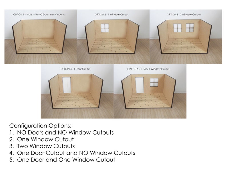 K&ouml;nnte beinhalten: F&uuml;nf verschiedene Optionen f&uuml;r ein Puppenhauszimmer mit verschiedenen Fenster- und T&uuml;r&ouml;ffnungen. Die Optionen umfassen keine T&uuml;ren oder Fenster, ein Fenster, zwei Fenster, eine T&uuml;r und eine T&uuml;r mit einem Fenster.