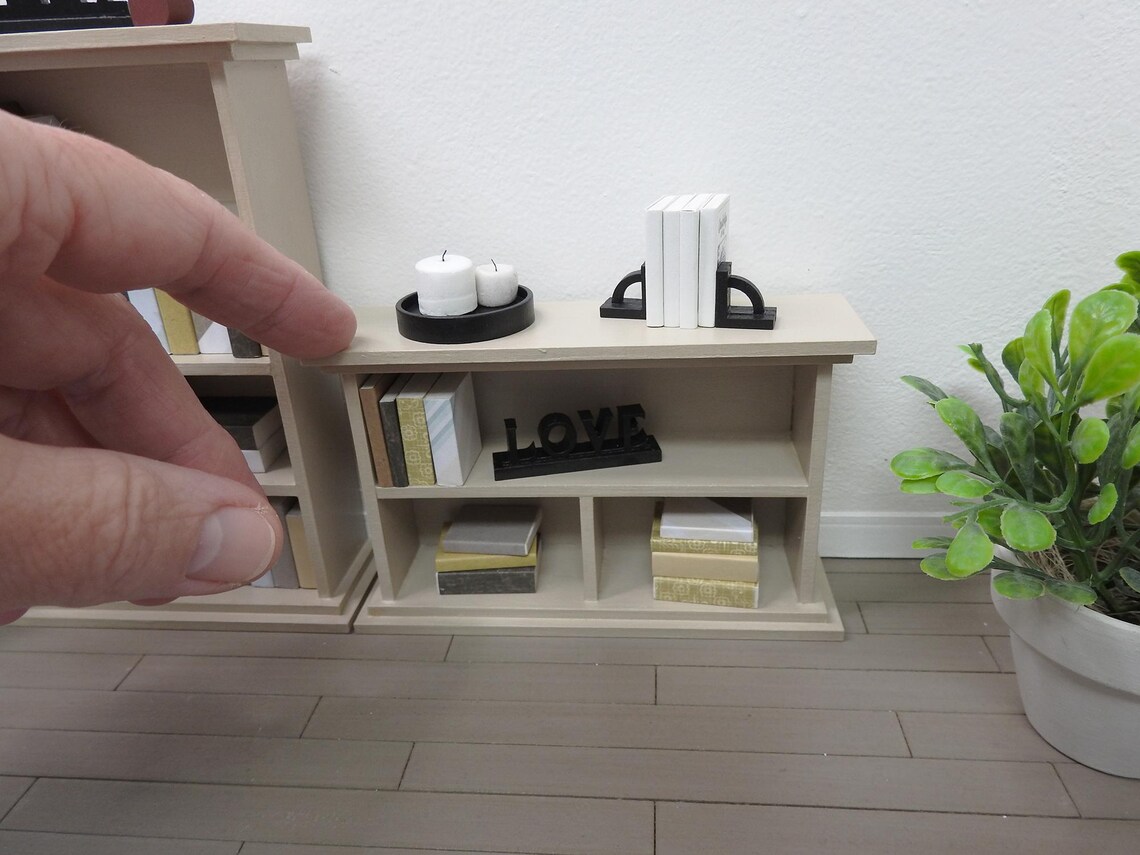 Dollhouse Miniature Wood Bookcase with Books & Lower Cabinet in