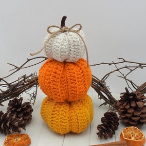 May include: A stack of three crocheted pumpkins in white, orange, and yellow, topped with a twine bow. The pumpkins are surrounded by pine cones, dried orange slices, and twigs, creating a fall-themed display.