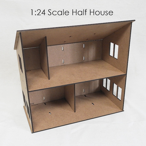 1:24 Half Scale Unfinished 2 Story Split Dollhouse Kit with Slanted Roof and Wall Inserts