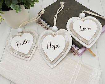 Faith, Hope, Love Wood Heart Ornaments: Christian Gifts and Decor