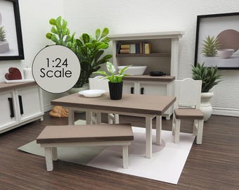 1:24 Scale Farmhouse or Coastal Miniature Dining Set - Wood Table, Bench, and Chairs