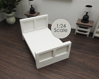 1:24 Scale Farmhouse or Coastal Style Distressed Antique White Dollhouse Bed Frame (Frame Only)