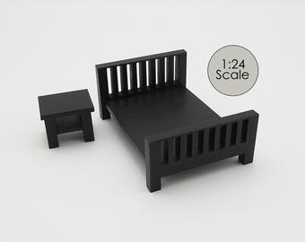 1:24 Scale Dollhouse Miniature Bed Frame with Nightstand in Mission-Craftsman Style