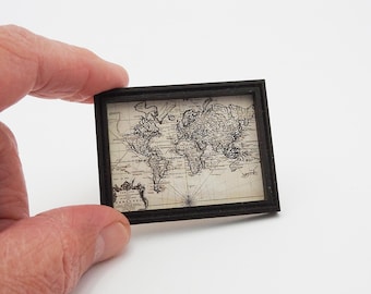 1:24 Scale Miniature Framed Antique World Map for Dollhouses and Diorama Scenes