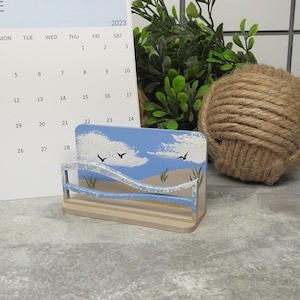 Wood Desktop Display Holder for Business Cards Calendars Memos Photos and Notes Sandy Beach Themed Ocean Gifts and Decor