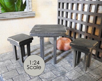 1:24 Scale Miniature Bistro Table with Stools for Dollhouses, Diorama Scenes and Vignettes