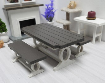1:24 (Half Inch) Scale Miniature Wood Modern Farmhouse Table Set with Benches for Dollhouse Kitchen and Dining Room Decorating